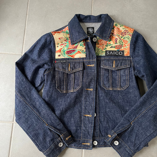 極楽鳥花デニムJK USED DKNYJEANS 着物リメイク 帯パッチワーク 極楽鳥花デニムJK USED DKNYJEANS 着物リメイク 帯パッチワーク