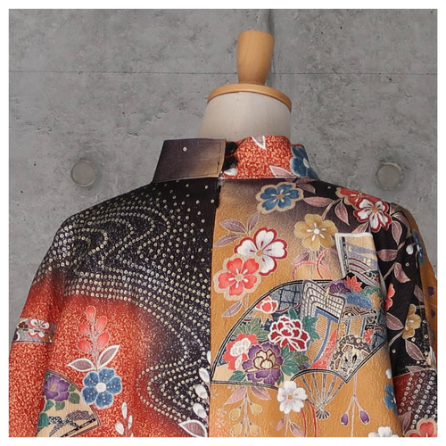 パフ袖のワンピース/フリーサイズ kimono 着物リメイク