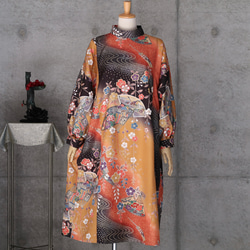 パフ袖のワンピース/フリーサイズ　　kimono　着物リメイク 3枚目の画像