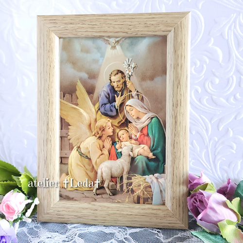 イエス・キリスト降誕を喜ぶ聖霊の鳩 聖家族と守護天使 ポストカード