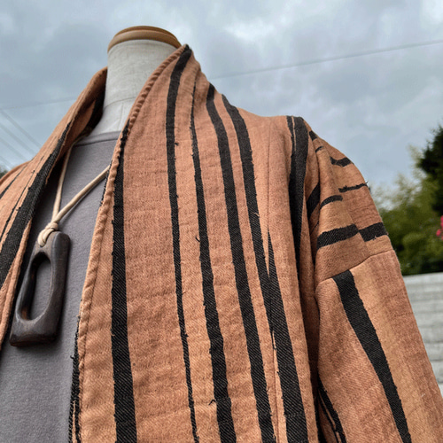 SALE◆麻の柿渋染め&絣 薄手羽織コート 作家一点物 美品◆ SALE◇麻の柿渋染め&絣 薄手羽織コート 作家一点物 美品