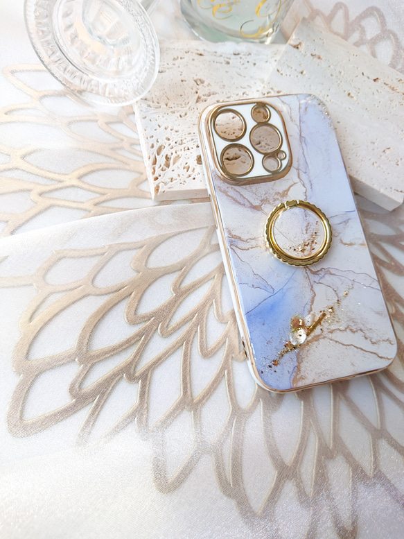 アイスブルー 大理石風iPhoneケース&スマホリングセット アルコールインクアート ブルーグレー 11枚目の画像