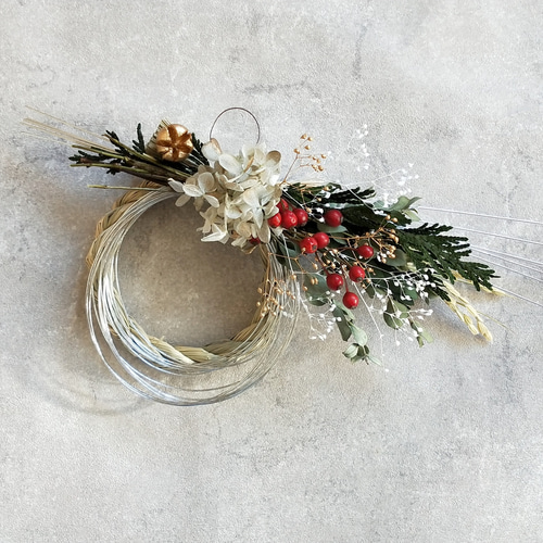 金紅白 <はずせる2WAY> お正月飾り しめ縄リース 飾りやすい小さめ