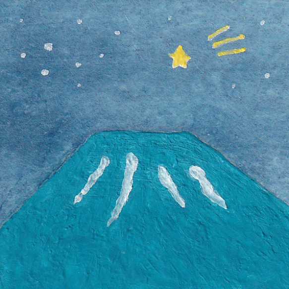 【日本画原画】夜の青富士と流れ星　絵画　ミニ額付き　ミニアートパネル　インテリアアート　　 2枚目の画像