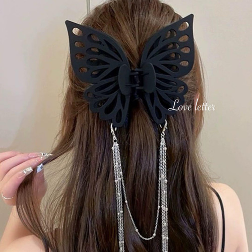 バタフライチェーン2wayブラックヘアクリップ 韓国 蝶々 地雷 ヘア