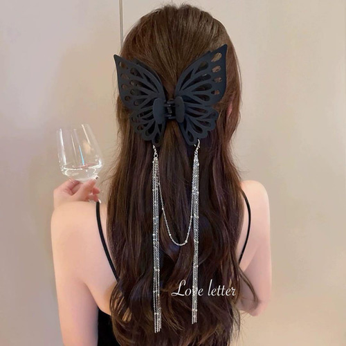 バタフライチェーン2wayブラックヘアクリップ 韓国 蝶々 地雷 ヘア