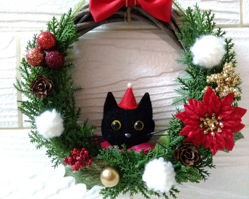 新作☆レジンヘアゴム　クリスマスリース　黒猫 37dfdac2bd57311d0d2aff1136c957