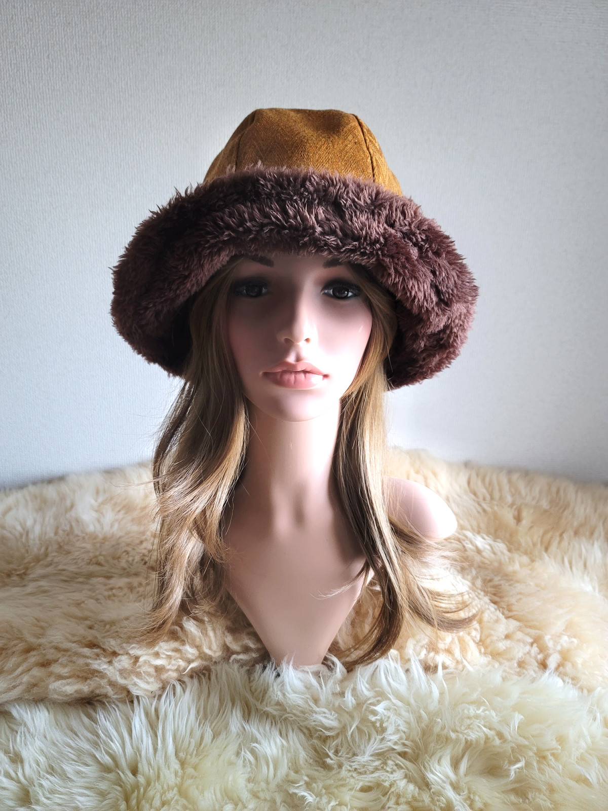 ふわモコ★フィットhat★オレンジ系ウール×プードルファー