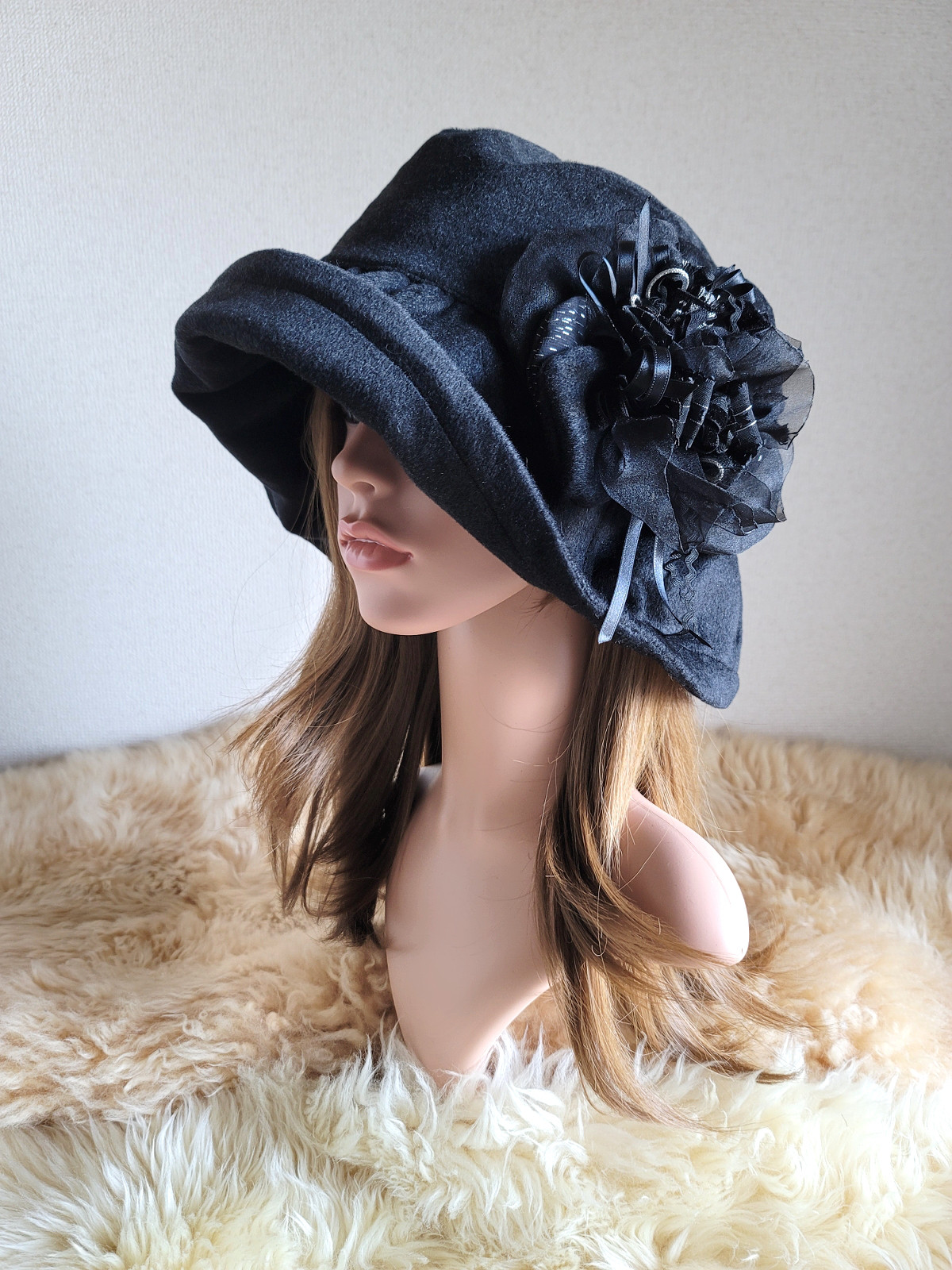 three.luxury★国産カシミア100%★グレー系★日差しに負けない★ギャザーフリル