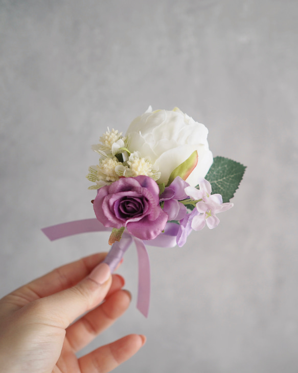エレガント芍薬つぼみブーケ　ホワイト＆パープル　ラウンドブーケ　ピオニー　アーティフィシャルフラワー 