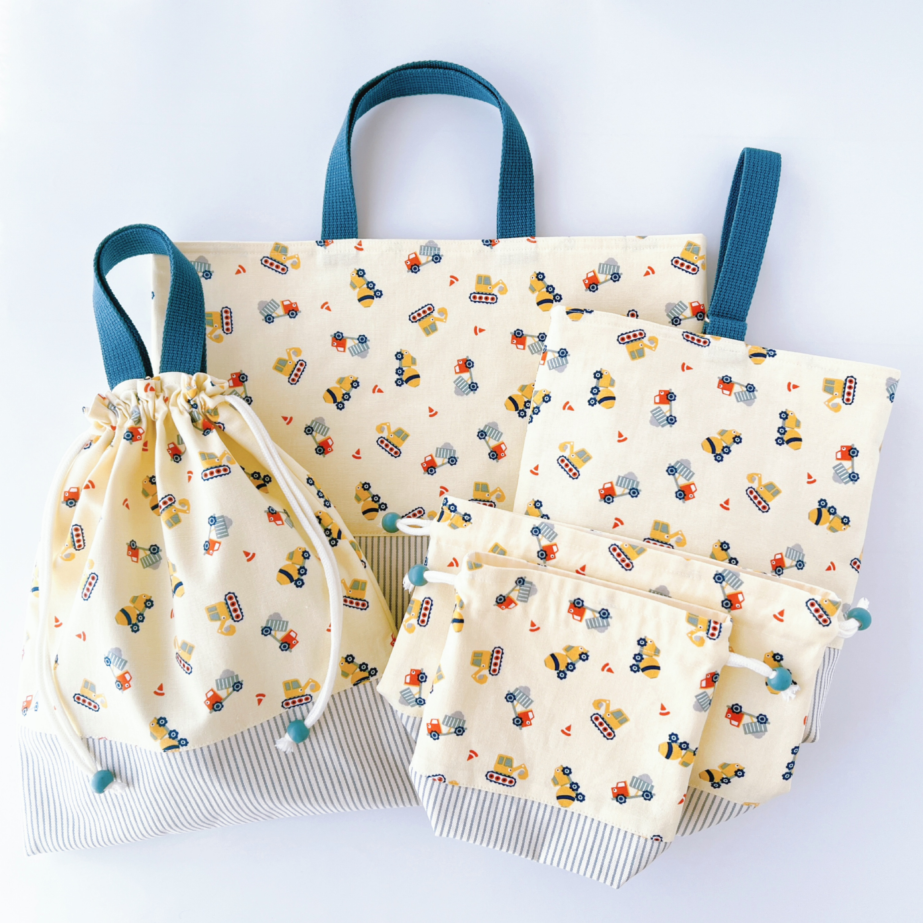 働くクルマたち　ハンドメイド　レッスンバッグ　入園入学準備　5点セット はたらくくるま♡入園5点セット レッスンバッグ 上履き入れ