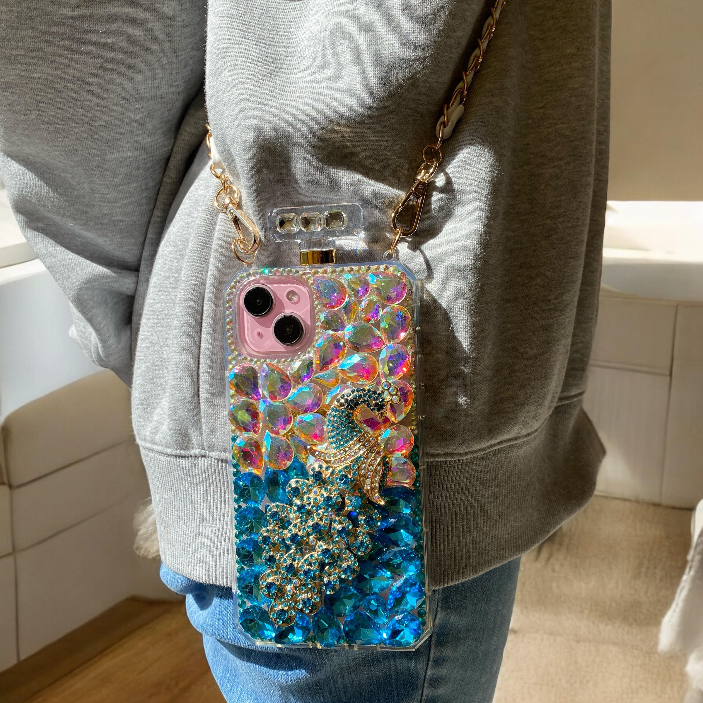 スマホショルダー 孔雀 ラインストーン ダイヤモンド iPhone全機種対応 Samsungケース クリア スマホケース