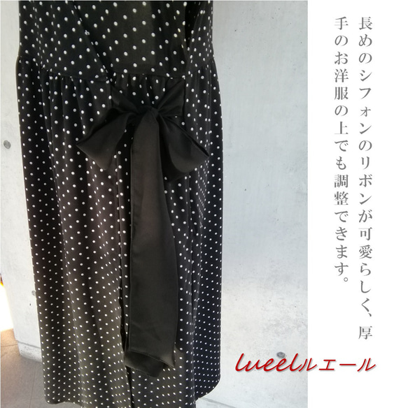 日本製　羽織るエプロン 水玉プリント可愛いリボン付き 《S～3L》 ロング丈エプロンドレス　135100-DT 6枚目の画像