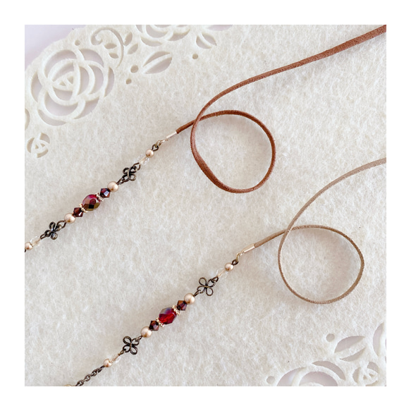 «ラスト1本»【特集掲載作品】ガーネット色チェコビーズ＆SWAROVSKIのアンティーク調メガネチェーン 8枚目の画像