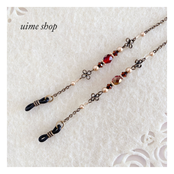 «ラスト1本»【特集掲載作品】ガーネット色チェコビーズ＆SWAROVSKIのアンティーク調メガネチェーン 3枚目の画像