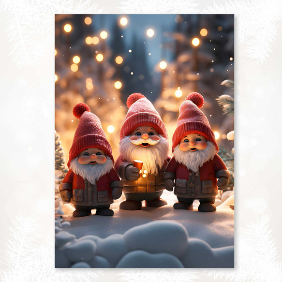 魔法のようなクリスマス夜を彩る、暖かい光の中で微笑みかける三人のノームのポスター：温かな祝祭の飾り 3枚目の画像
