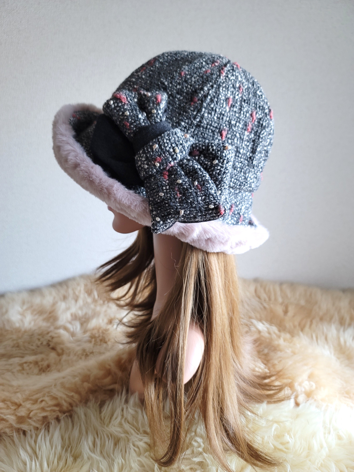 ★three.luxury★フィット hat★イタリアツイード×リボン★約60㎝