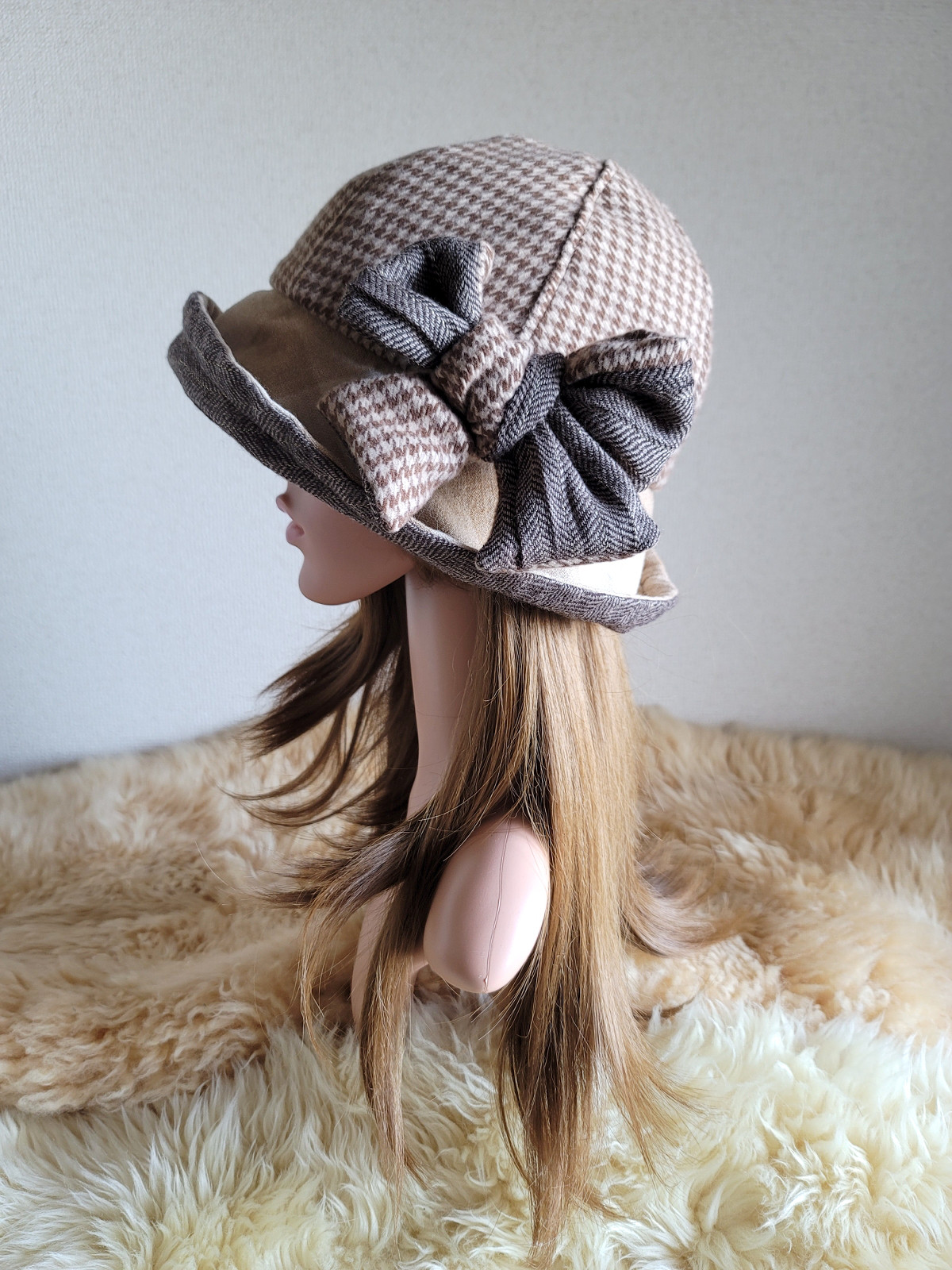 フィット hat★リボン★サイズ調節付き★やわらか千鳥格子柄