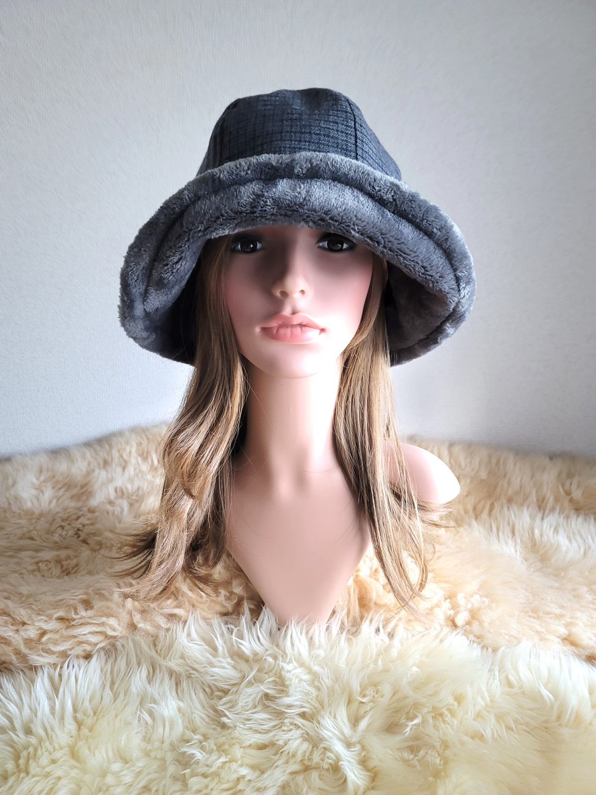 ふわモコ★フィットhat★グレー系ブロックチェック★約59.5㎝
