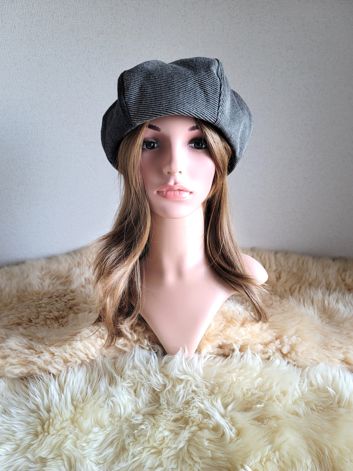 薄手ボーダーウール★ブラウン×グレー系6枚パーツベレー帽