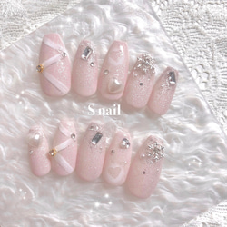 ネイルチップ ピンクベージュ マグネットネイル 雪 クリスマス リボン  