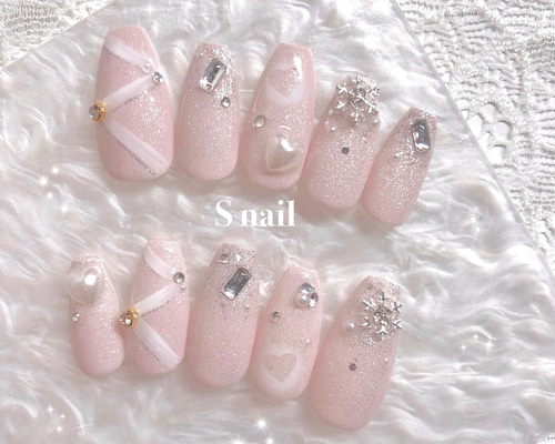 no.032 クリスマス ツリー ピンク フレンチガーリー ネイルチップ リボン no.032 クリスマス ツリー ピンク フレンチガーリー ネイル