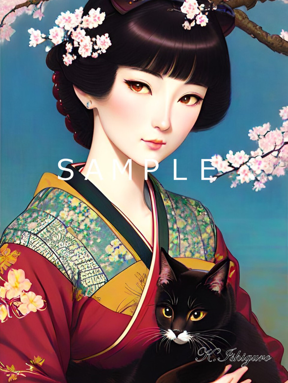 猫と女性と桜(オリジナルイラスト)A4額付き　№s-3637 1枚目の画像