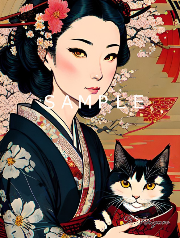 猫と女性と桜(オリジナルイラスト)A4額付き　№s-3586 1枚目の画像