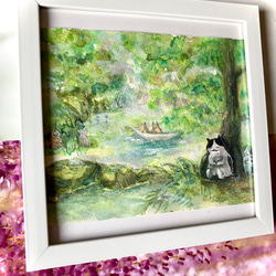 森林浴を楽しむ猫ちゃん　原画　グリーン　黄緑　モリ 9枚目の画像