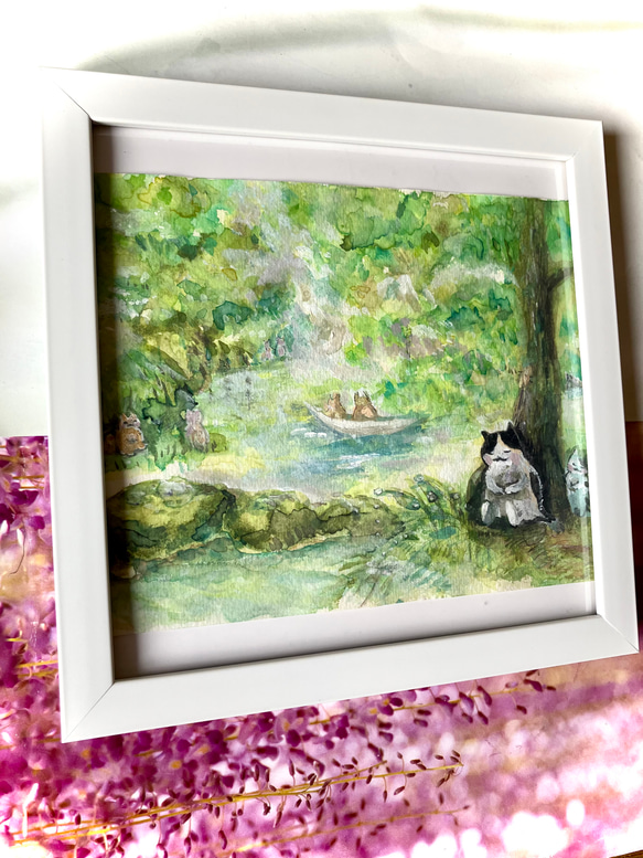 森林浴を楽しむ猫ちゃん　原画　グリーン　黄緑　モリ 9枚目の画像