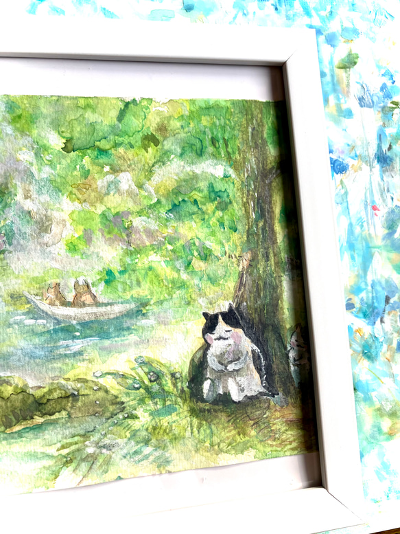 森林浴を楽しむ猫ちゃん　原画　グリーン　黄緑　モリ 5枚目の画像