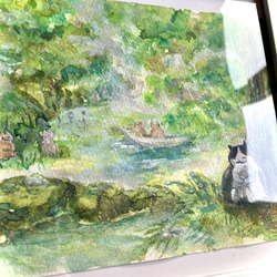 森林浴を楽しむ猫ちゃん　原画　グリーン　黄緑　モリ 8枚目の画像