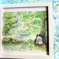 森林浴を楽しむ猫ちゃん　原画　グリーン　黄緑　モリ 11枚目の画像