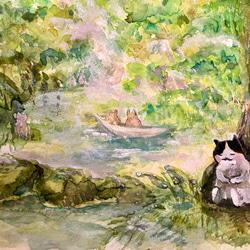 森林浴を楽しむ猫ちゃん　原画　グリーン　黄緑　モリ 10枚目の画像