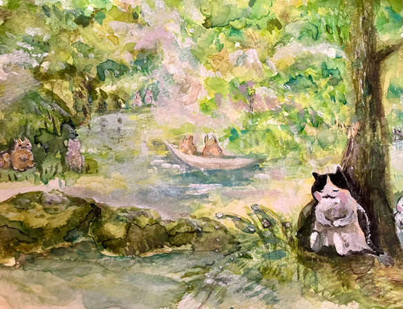 森林浴を楽しむ猫ちゃん　原画　グリーン　黄緑　モリ 10枚目の画像