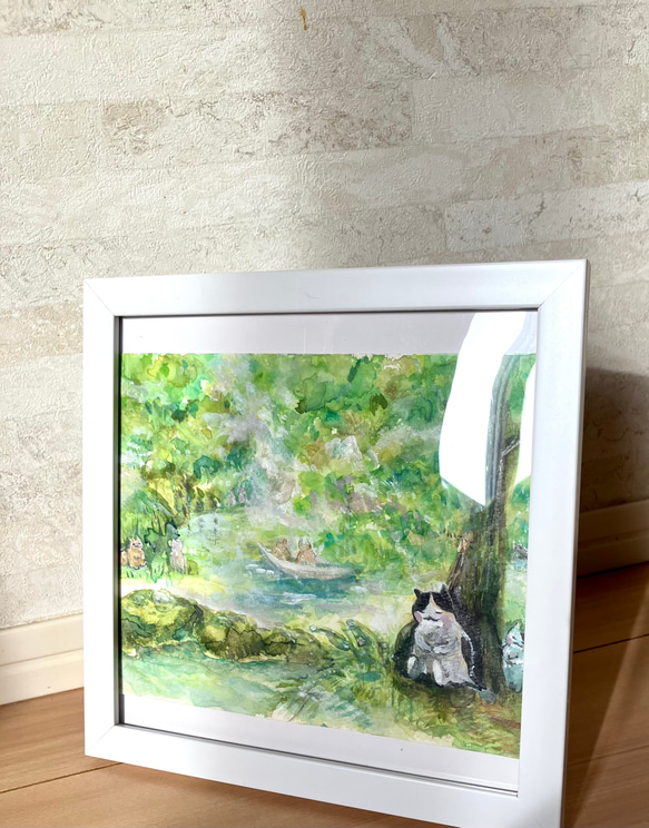 森林浴を楽しむ猫ちゃん　原画　グリーン　黄緑　モリ 7枚目の画像