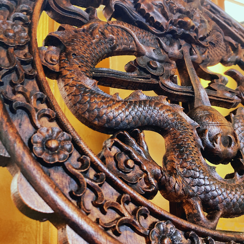 威龍戯珠Ⅱ 40㎝ 大型円型彫刻（アンティーク調） 壁掛け金具・台座