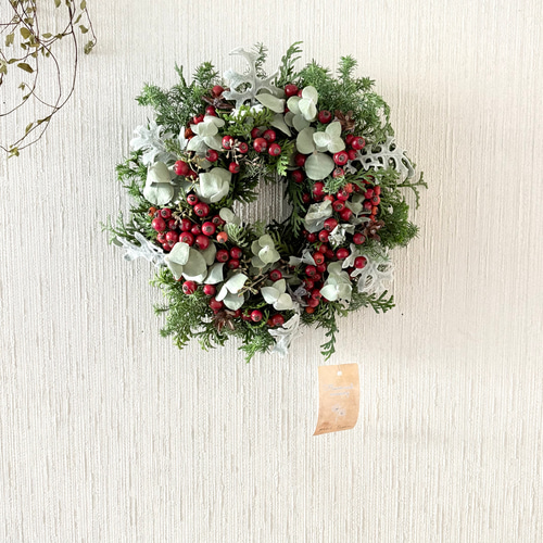 グリーン×赤い実 ナチュラル ドライフラワーリース MS 17cm ＊ 針葉樹