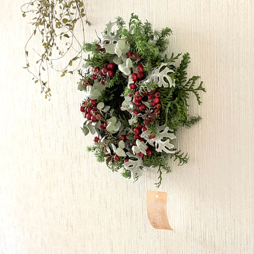 グリーン×赤い実 ナチュラル ドライフラワーリース MS 17cm ＊ 針葉樹