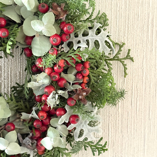 クリスマスリース 赤い実 グリーン MS 17cm ＊ 薔薇の実 ユーカリ ヒバ