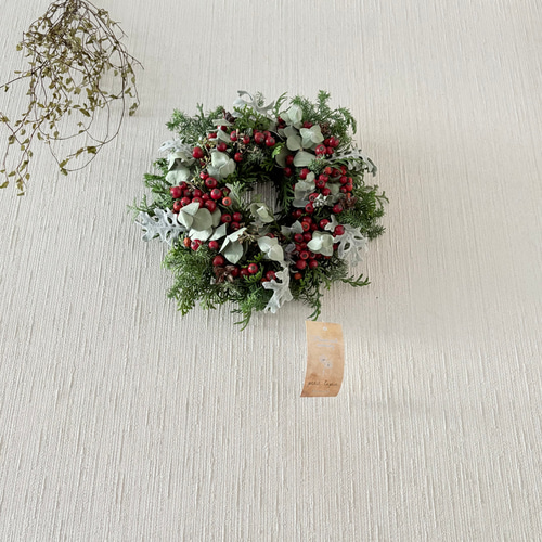 グリーン×赤い実 ナチュラル ドライフラワーリース MS 17cm ＊ 針葉樹