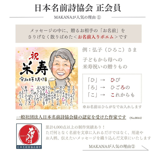 お急ぎ便】似顔絵 メッセージ 名前詩 ｜ 額縁入りポエム ｜ 還暦・古希