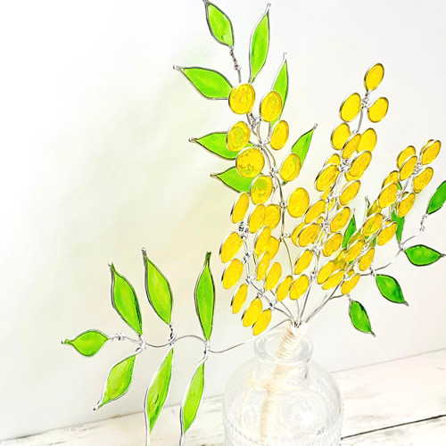 ミモザのワイヤークラフト ステンドグラス風 スワッグ 北欧 一輪挿し