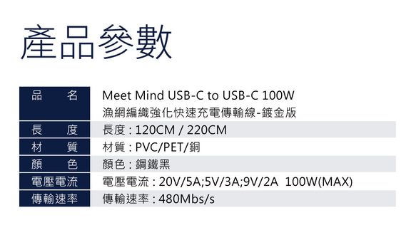 Meet Mind USB-C to USB-C 100W編織強化快速充電線 鍍金版 (1.2M) 第8張的照片