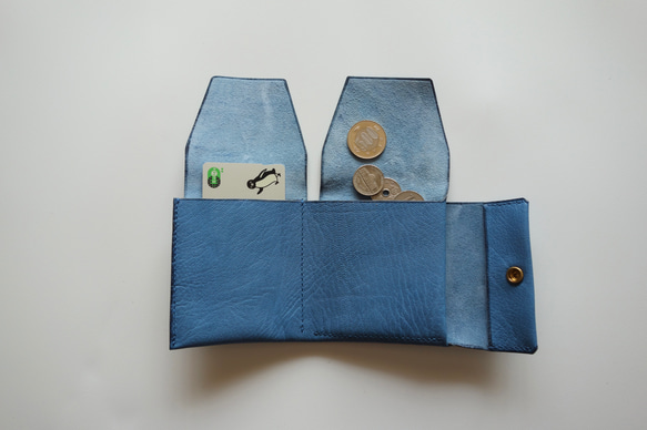 フランスレザー　ミニ財布    ブルー　アルラン社　　　真鍮ホック 9枚目の画像