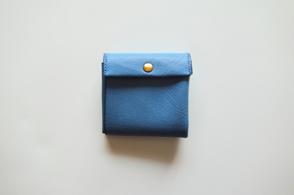 フランスレザー　ミニ財布    ブルー　アルラン社　　　真鍮ホック 1枚目の画像