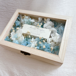 結婚式　結婚証明書　ゲスト参加型　ドライフフラワーボックス木箱　記念品　紫陽花ホワイトブルー　かすみ草 4枚目の画像