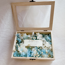 結婚式　結婚証明書　ゲスト参加型　ドライフフラワーボックス木箱　記念品　紫陽花ホワイトブルー　かすみ草 2枚目の画像