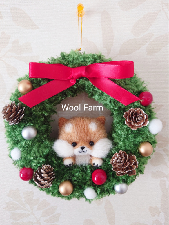 柴犬のクリスマスリース　～Wool Farm～　羊毛フェルト 1枚目の画像