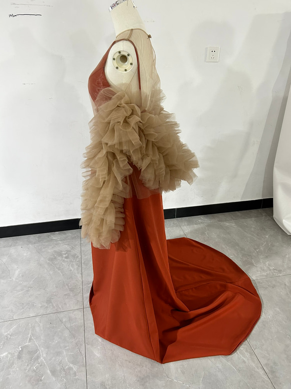 人気上昇！テラコッタ Vネックドレス コーヒーの色 ソフトチュール トップス 花嫁 XL ドレス